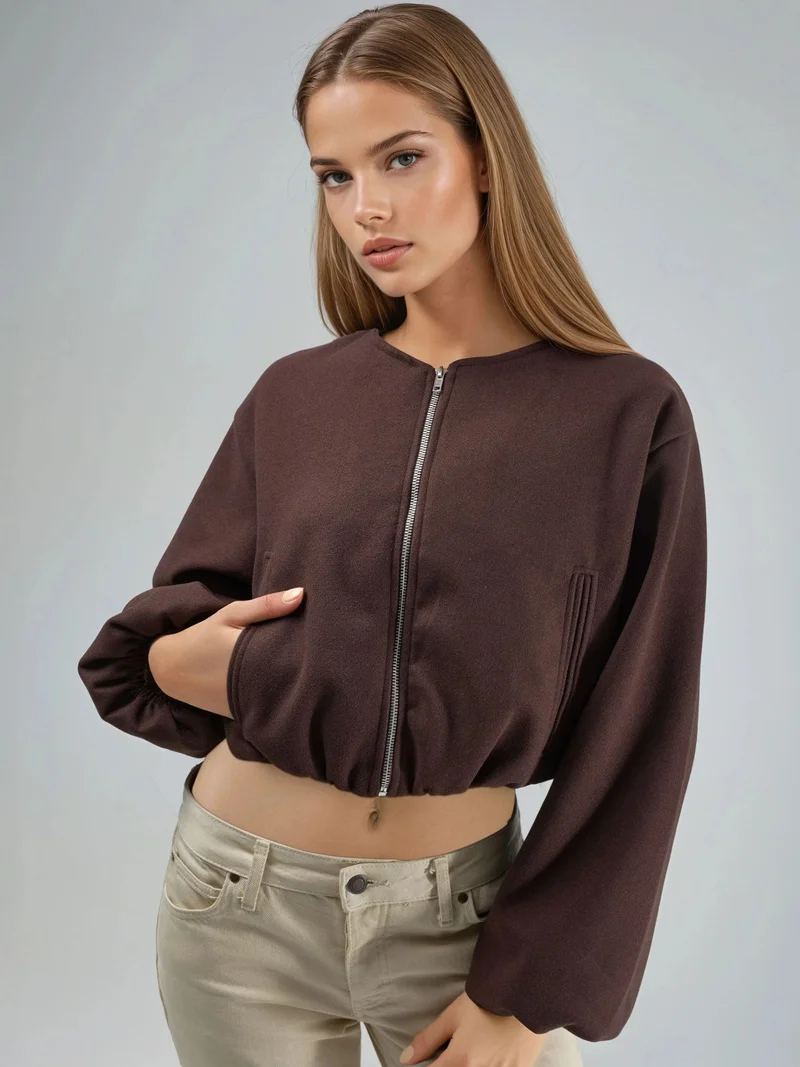 بوسيم BUSEM Crop Gabardine Jacket with Zipper and Pocket